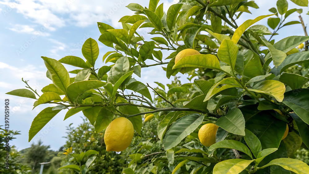 Lemon garden in Italian Amalfi coast ready for harvest. Bunches of fresh yellow ripe lemons with green leaves Lemon garden in Italian Amalfi coast ready for harvest. Bunches of fresh yellow ripe lemons with green leaves