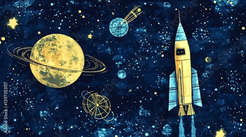 Watercolor chalkboard space scene with rocket, moon and stars for Cosmonautics Day or Space Day design