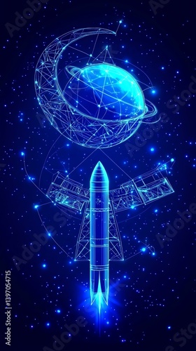 Futuristic neon rocket launch with abstract globe and moon for World Space Week or International Space Flight Day