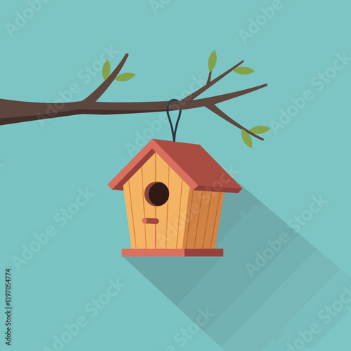 Wooden Birdhouse Hanging from Tree Branch in Minimal Flat Style Vector Illustration