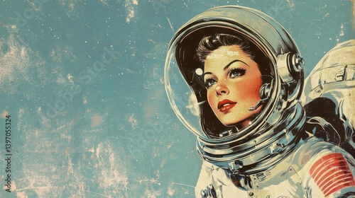 An illustration of a female astronaut on a vintage pulp magazine cover illustration