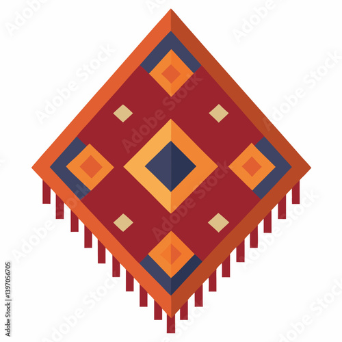 Illustration of a rug featuring a vibrant design in red, orange, and yellow hues.