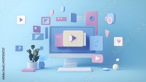 Wallpaper Mural Computer Display with Colorful Floating Icons and Graphics in 3D Torontodigital.ca