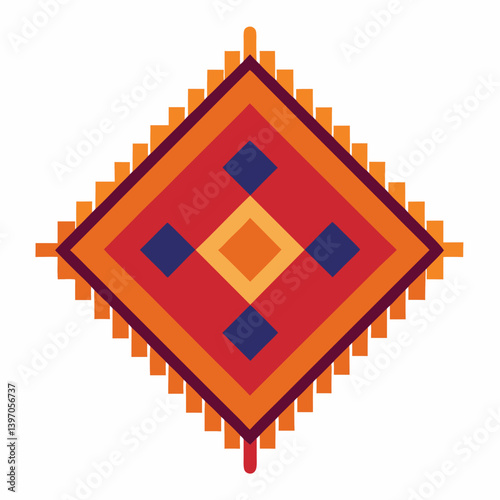 Illustration of a rug featuring a vibrant design in red, orange, and yellow hues.