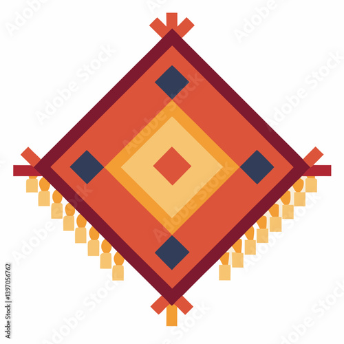 Illustration of a rug featuring a vibrant design in red, orange, and yellow hues.
