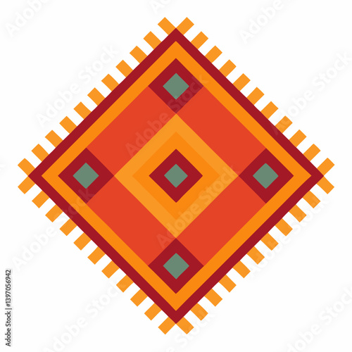 Illustration of a rug featuring a vibrant design in red, orange, and yellow hues.