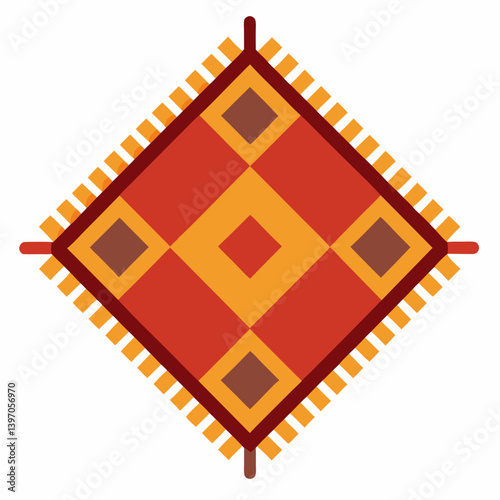 Illustration of a rug featuring a vibrant design in red, orange, and yellow hues.