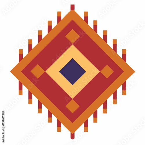 Illustration of a rug featuring a vibrant design in red, orange, and yellow hues.