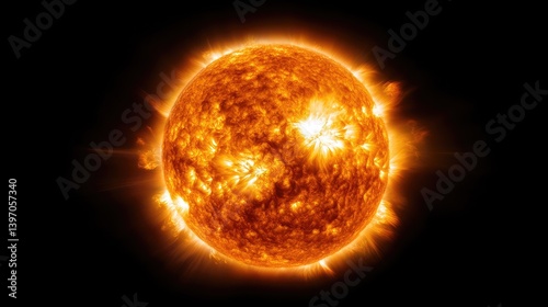Bright and Fiery Sun Against Dark Cosmic Background in Space