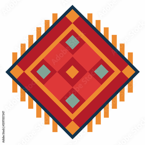 Illustration of a rug featuring a vibrant design in red, orange, and yellow hues.