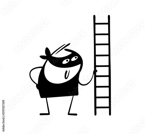 Doodle clever thief holds a ladder, commits theft, climbs through a window. Vector illustration of a stickman in a black mask and a crime weapon. Cartoon people isolated on white background.