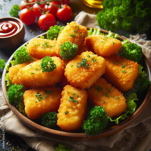 Delicious Golden Brown Fish Nuggets Garnished With Fresh Parsley on a Plate
