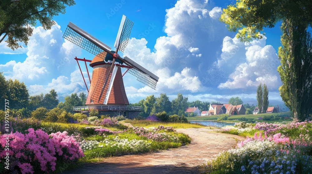 Scenic Landscape with Windmill and Colorful Flowers Under Blue Sky