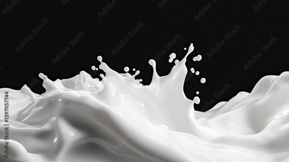 Dynamic Splash of Milk Creating Waves and Droplets on Black Background