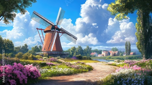 Obraz na płótnie Scenic Landscape with Windmill and Colorful Flowers Under Blue Sky w salonie