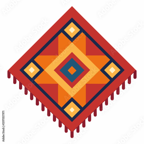 Illustration of a rug featuring a vibrant design in red, orange, and yellow hues.
