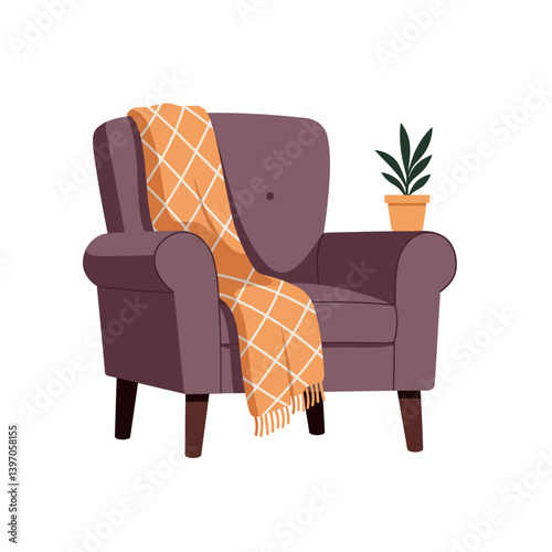 Cozy Armchair with Orange Blanket and Potted Plant in Minimalist Vector Illustration