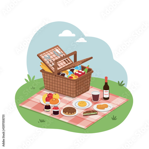 Picnic Basket with Food and Wine on Checkered Blanket in Minimal Flat Vector Illustration