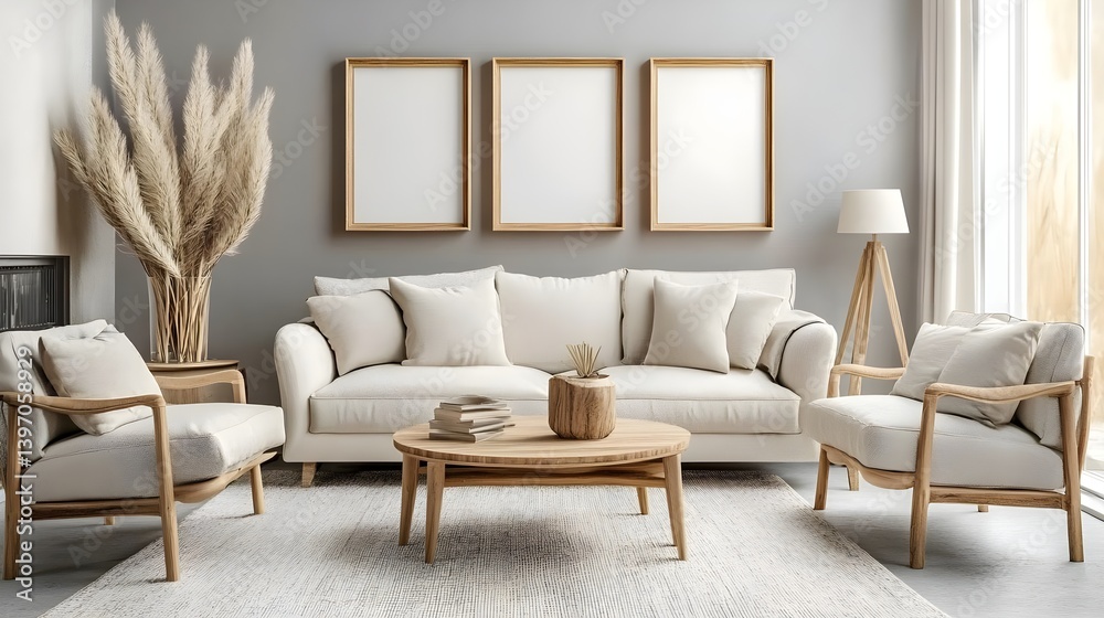Obraz premium Cozy Living Room with Three Empty Wooden Frames for Decoration