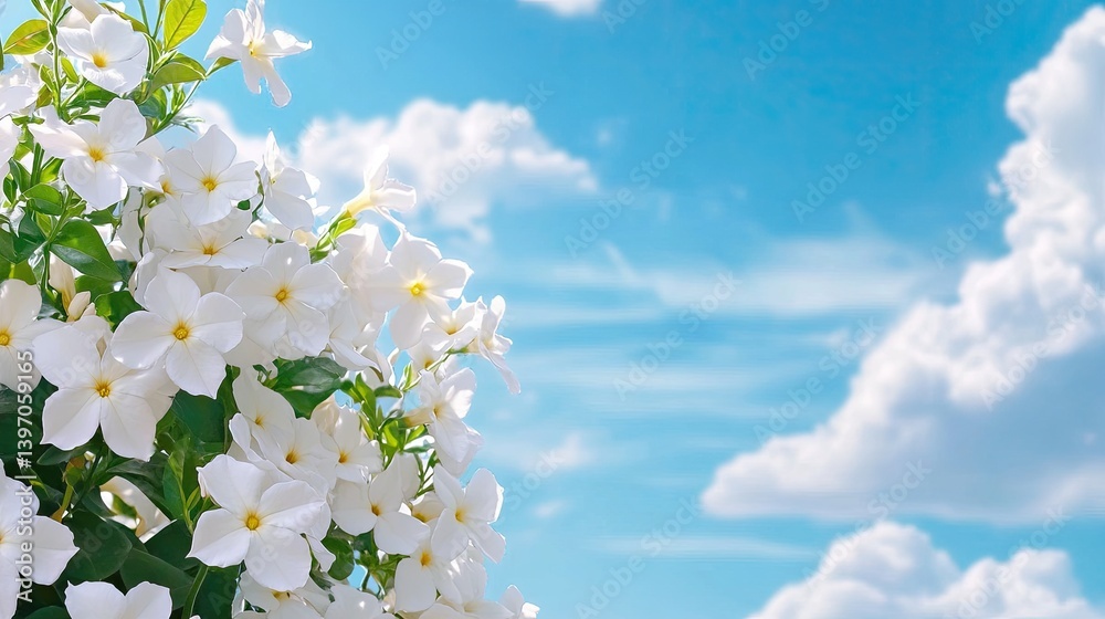 White Flowers Against a Bright Blue Sky with Soft White Clouds