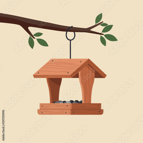 Wooden Bird Feeder Hanging from Tree Branch in Minimal Flat Style Vector Illustration