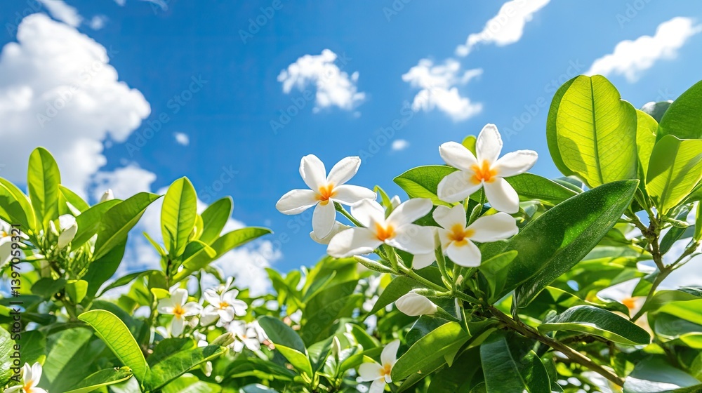 Bright White Flowers Against a Clear Sky with Fluffy Clouds