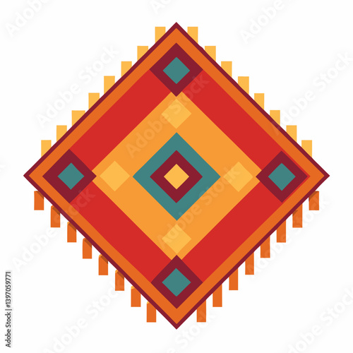 Illustration of a rug featuring a vibrant design in red, orange, and yellow hues.