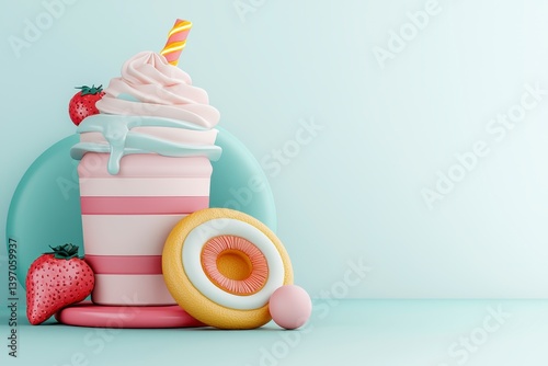 Pink Strawberry Milkshake with Whipped Cream and Cookie 3D Render