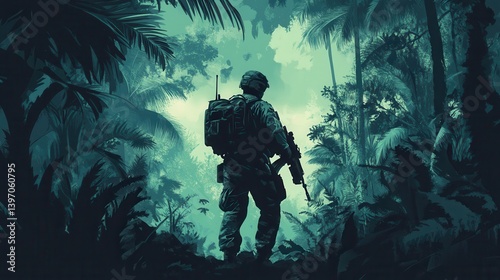 Soldier in tropical forest with military equipment illustration