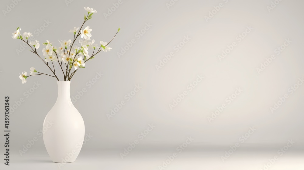 A minimalist white vase filled with fresh spring blooms, set against a neutral gray backdrop with generous , A minimalist white vase filled with fresh spring blooms, set against a neutral gray backdrop with generous ,