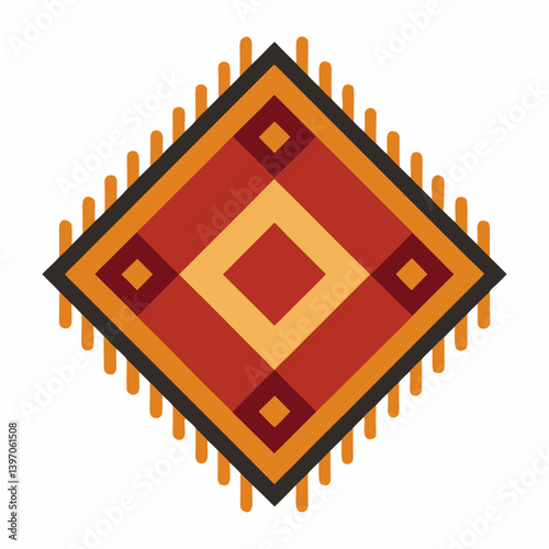 Illustration of a rug featuring a vibrant design in red, orange, and yellow hues.