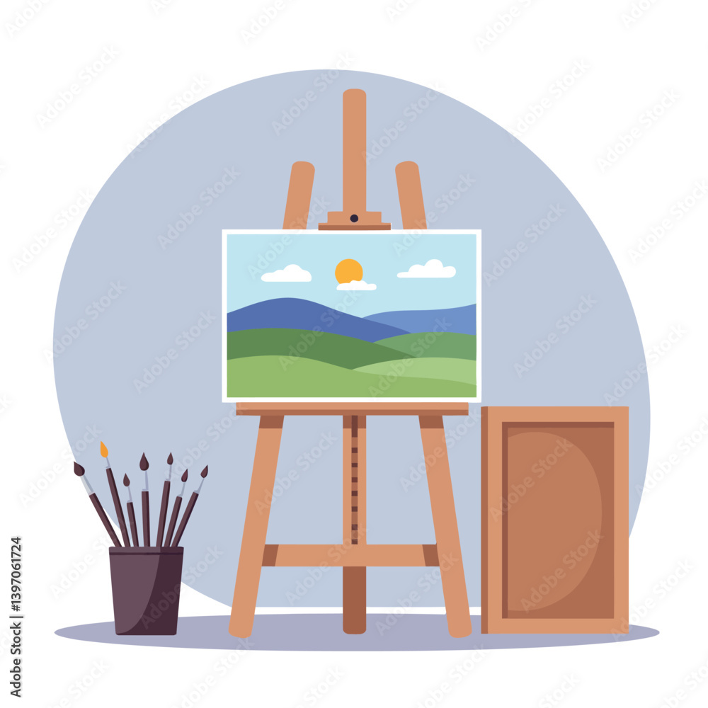 Wooden Easel Displaying Landscape Painting with Bright Colors in Minimalist Vector Art