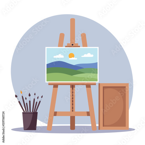 Wooden Easel Displaying Landscape Painting with Bright Colors in Minimalist Vector Art