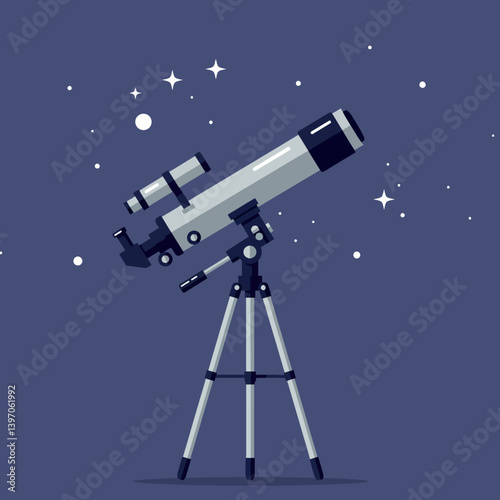 Telescope Pointing Towards Starry Sky in Minimal Flat Vector Illustration