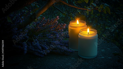 Relaxing night cream jar placed next to fresh lavender flowers and glowing candles