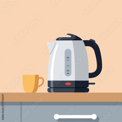 Modern electric kettle and mug on wooden countertop in flat vector art style for kitchen decor illustration