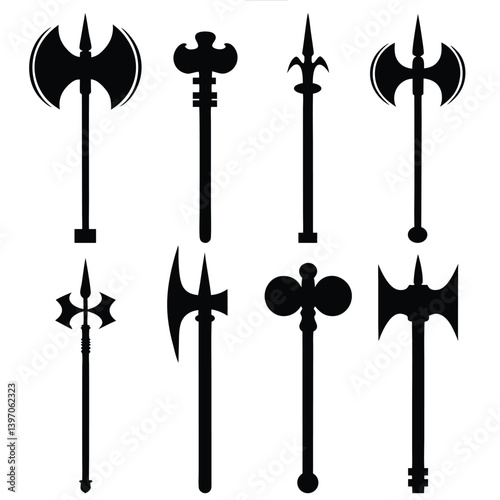 Battle Axe and Mace Vector Icons Silhouette Set