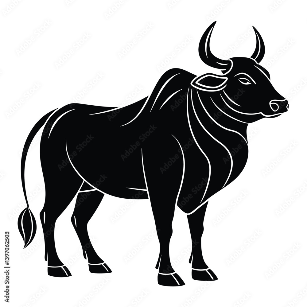 Fototapeta premium Rural Ox Silhouette Indian Farming Livestock Vector Art