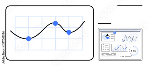 Line graph with data points rising and falling, analytics dashboard displaying charts and diagrams. Ideal for analytics, finance, research, statistics, performance, forecasting communication. Flat
