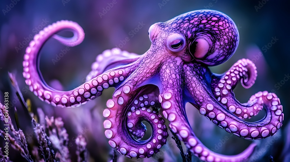 Obraz premium Cute Pink and Purple Octopus Swimming in the Sea Environment