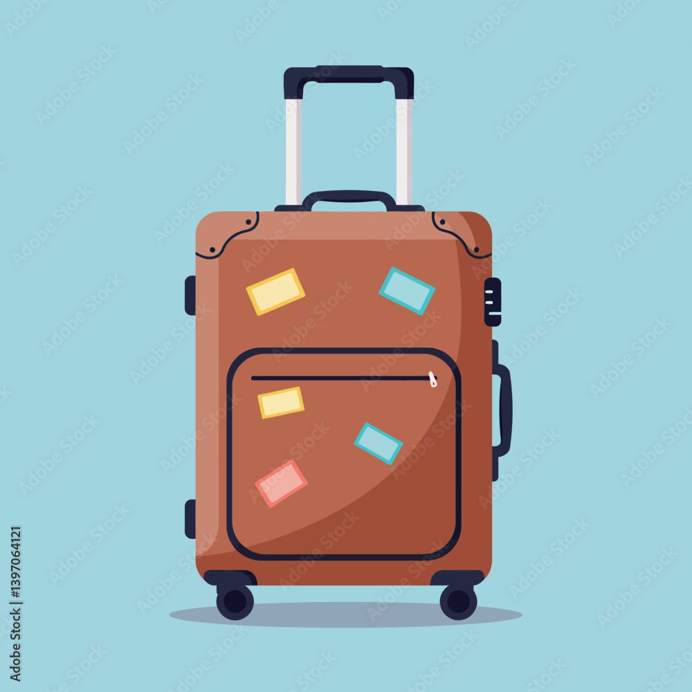 Fototapeta premium Brown suitcase with colorful travel stickers on a blue background in minimal flat vector art