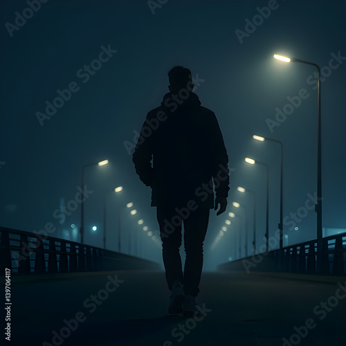 silhouette of a man walking on the street at night