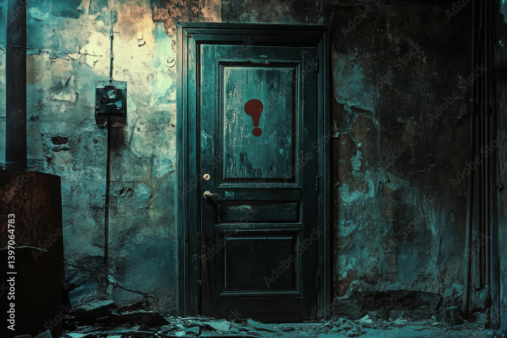 Mysterious door in a deserted room with a haunting atmosphere at night Mysterious door in a deserted room with a haunting atmosphere at night