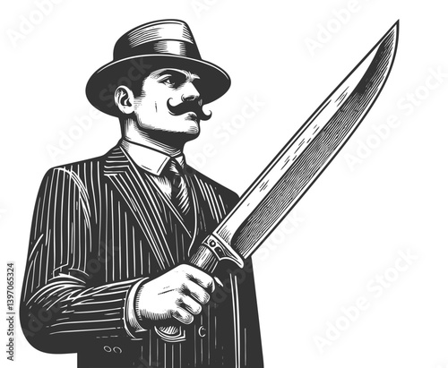 Mafioso gangster wearing a fedora and suit, holding a large knife in a classic vintage style sketch engraving generative ai vector illustration. Scratch board imitation. Black and white image.