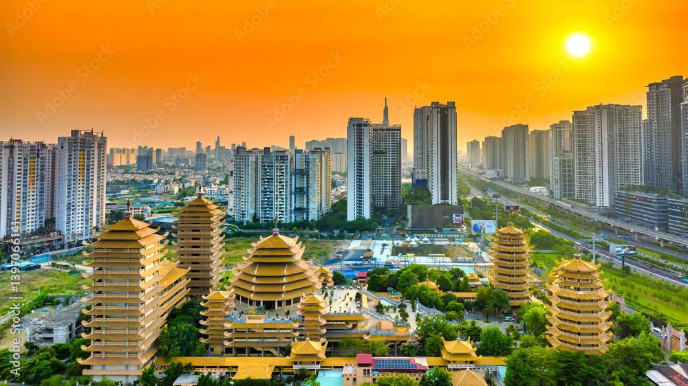 Aerial view of Minh Dang Quang Buddhist Institute a beautiful pagoda , Temple in the capital Ho Chi Minh city of Vietnam