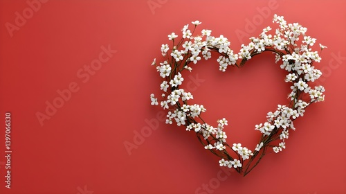 Delicate Heart-Shaped Floral Wreath on Coral Background