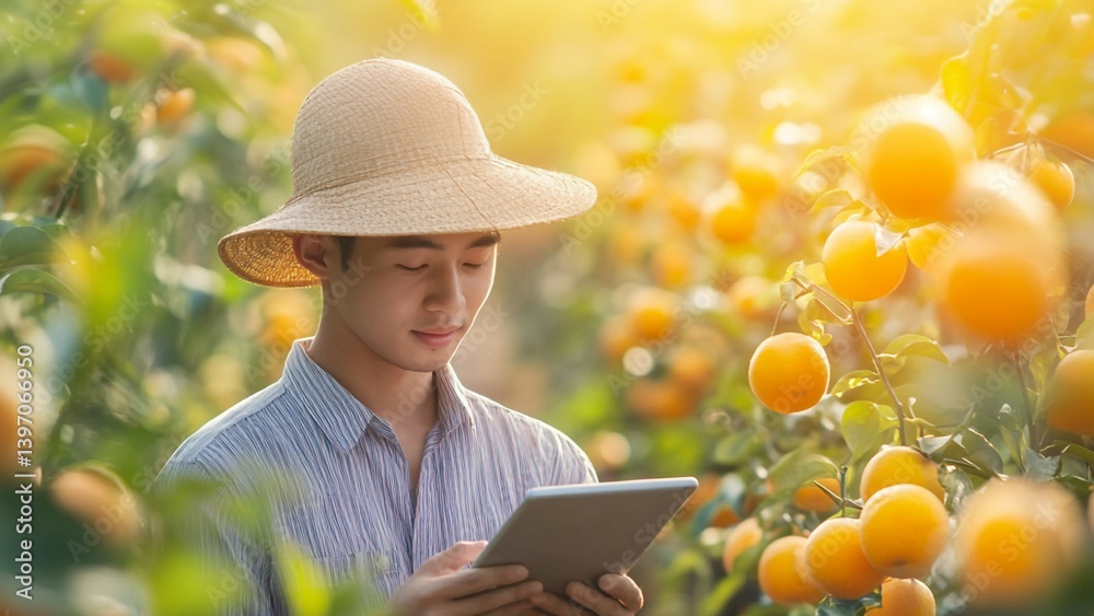 Fototapeta premium A farmer is using tablet in the greenhouse.