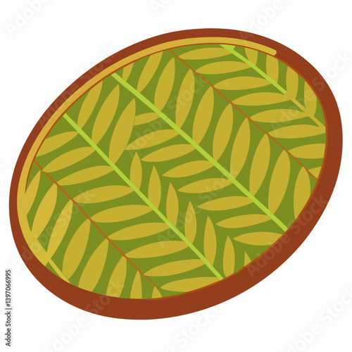 A leaf enclosed in a circle mat, set against a clean white background.