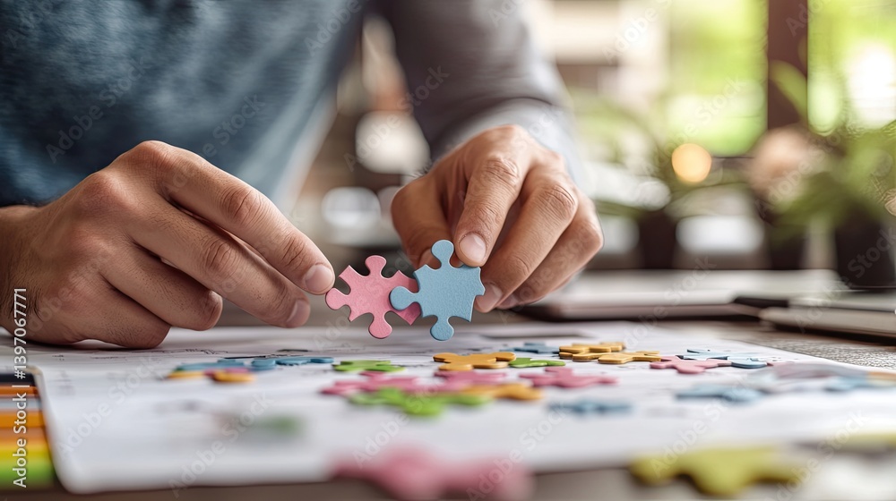 Hands Placing Colorful Puzzle Pieces on Office Desk Surface