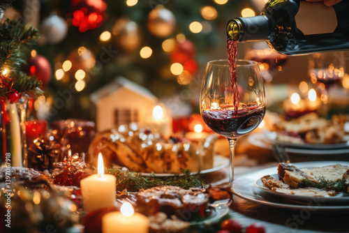 Festive dinner celebration with wine and delicious food near a Christmas tree with warm glowing lights